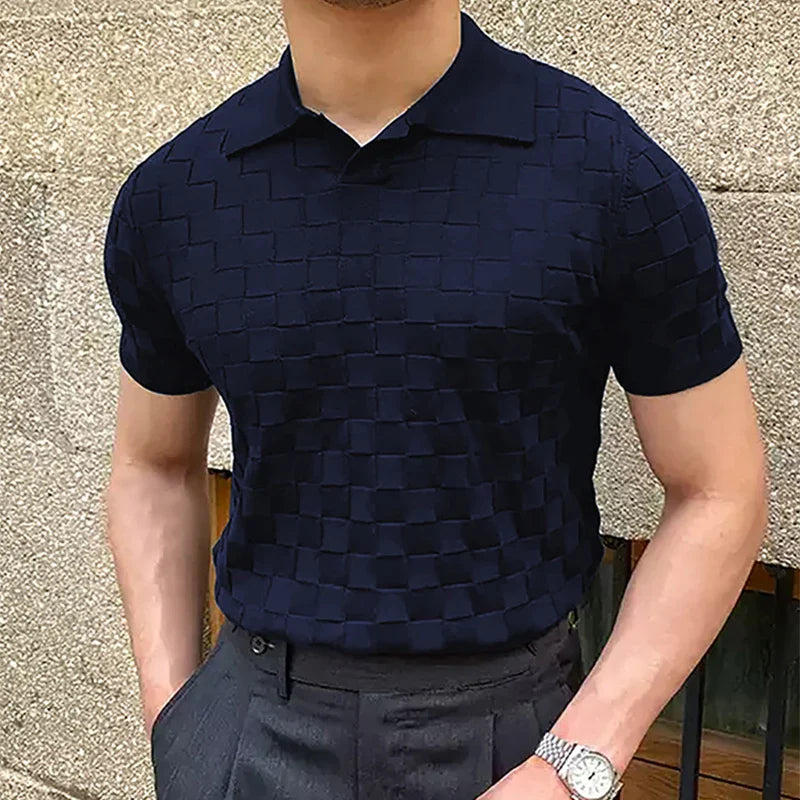 sanyamk Vintage Plaid Jacquard Knitted Polo T Shirts Men Summer Casual Breathable Thin Knit Tops Mens Knitwear Fashion Slim Polo Shirts