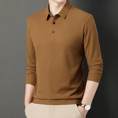 sanyamk 2024 Spring Autumn Waffle Men's Long-sleeved Polo Shirt Business Casual Slim Top Classic Solid Color Male Brand Tees