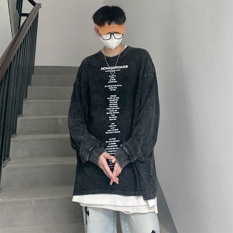 sanyamk Letter Graphic Men's Long Sleeve T-shirt Vintage Fashion Casual Loose Pullovers New Hip Hop Male Tops Clothing