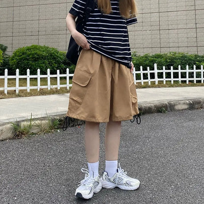 sanyamk American Style Vintage Solid Color Trend Loose Casual Fashion Korean Version Simplicity Commute Wide Leg Youth Cargo Shorts