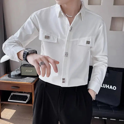 sanyamk Spring Autumn Polo-neck Solid Color Long Sleeve Shirt Male Black Casual Fashion Pants Set Men All-match Cardigan Blouse Trousers