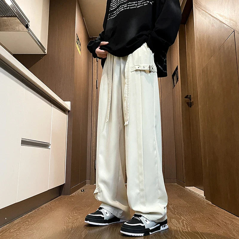 Bonsir Harajuku Streetwear Men Casual Straight Pants Male Fashion Plicated Long Trousers Ribbons Welt Man Pants Coffee/Black/Rice White