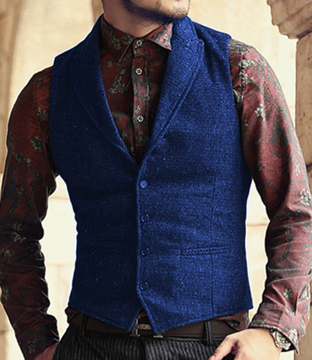 sanyamk New Men Suit Ves Classic Herringbone Pattern Business Waistcoat Notch Lapel Wool Tweed Groomsmen Waistcoat Vests For Men