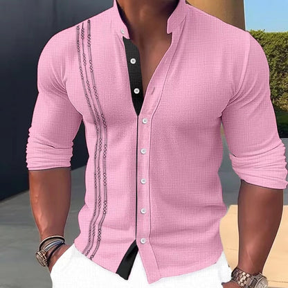 sanyamk Cotton Linen Shirts Men Fall Vintage Patchwork Button-up Stand Collar Shirt Casual Loose Long Sleeve Men's Beach Shirt Oversized