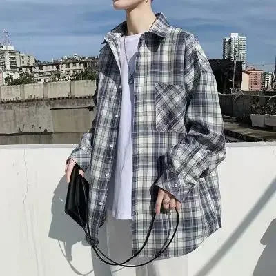 sanyamk Casual Plaid Long Sleeve Shirt For Men Trendy Brand Ins Loose Fit Jacket Shirt Spring Autumn Season