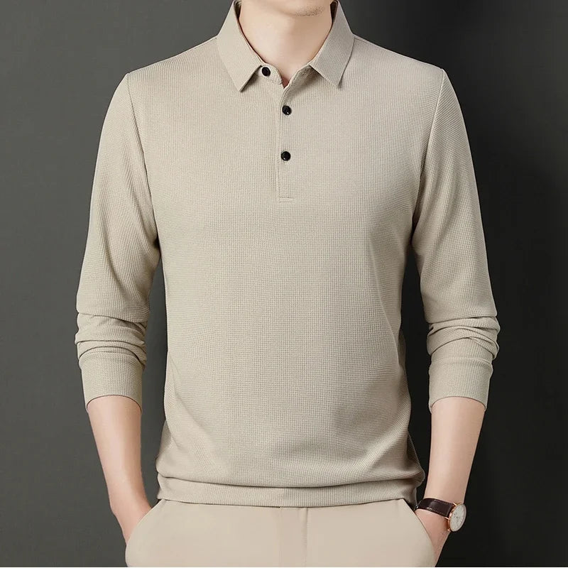 sanyamk 2024 Spring Autumn Waffle Men's Long-sleeved Polo Shirt Business Casual Slim Top Classic Solid Color Male Brand Tees