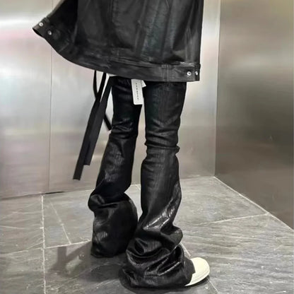 sanyamk Streetwear Black Wax Leather Strecth Jeans for Men Ropa Hombre Baggy Y2k Flare Pants Oversized Straight Denim Trousers