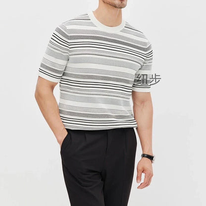 sanyamk New Fashion Slim O Neck T Shirt Knit Mens Short Sleeve Knitting Tops 2024 Spring Summer Casual Striped Knitted Tee Men Pullovers