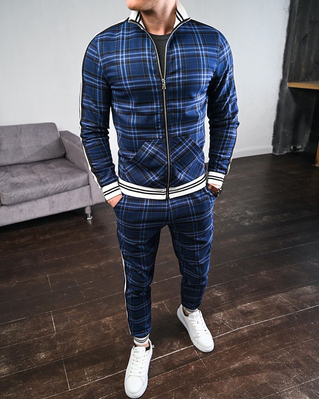 sanyamk New men's tracksuit Fashion Plaid Man Sets Trendy Brand Casual Sportswear Spring Autumn Jacket + Pants 2 Piece Set 3D Print