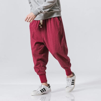 Bonsir Cotton Linen Harem Pants Men Solid Elastic Waist Streetwear Joggers New Baggy Drop-crotch Pants Casual Trousers Men