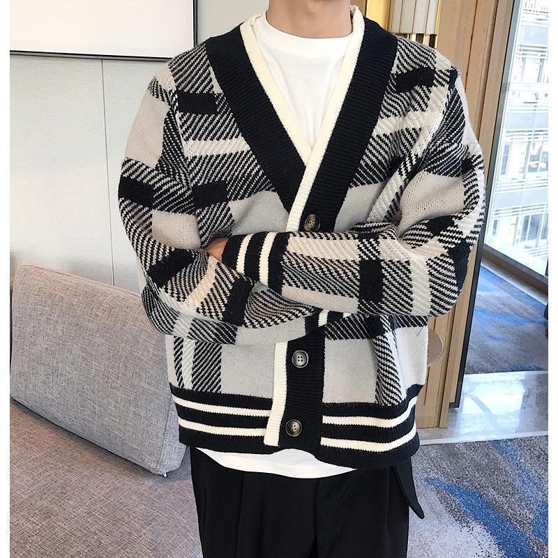 Bonsir Winter Korean Fashion Simple High Quality Plaid Knitted Cardigan Men Loose Casual Diamond Sweater Male Retro Casual Cardigan