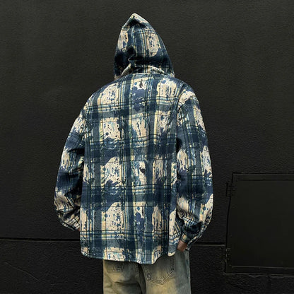 sanyamk  -  Korean Style Men's Hoodies Hooded Plaid Contrast Color Casual Tops Single Breasted Brushed Loose Male Sweatshirts 9C8558