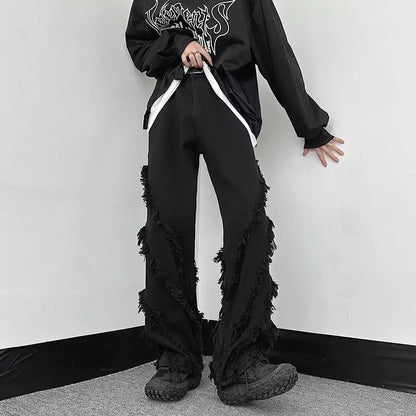 sanyamk Gothic Style Factory Tassels Versatile Slim Edge Washed Denim Casual Flare Men Pants Darkwear Solid Color Male Trousers