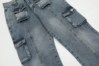 sanyamk High Street Washed Pockets Retro Jeans Pants for Men Straight Distressed Casual Baggy Denim Trousers Loose Hip Hop Cargos