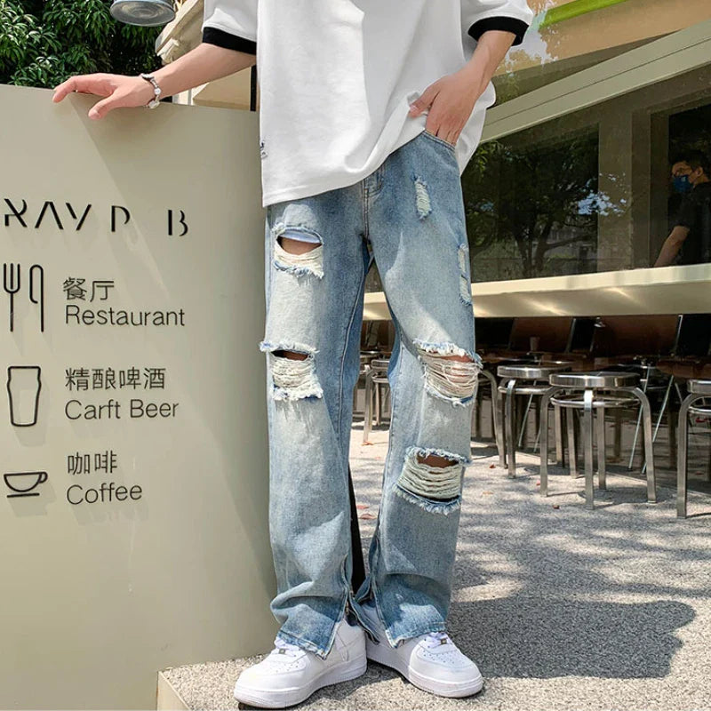 sanyamk Ripped Holes Jeans Men Summer Oversized M-5XL Denim Wide Leg Trousers Casual Retro Hip Hop Korean Fashion Zipper Decor Pants