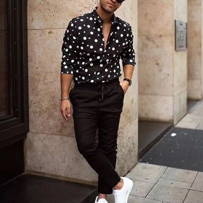 sanyamk Polka Dot Print Men Shirt Turn-down Collar Long Sleeves Loose Dot Printed Male Casual Shirt for Man Tops Men's Clothing camisas