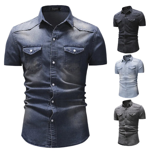 sanyamk Summer New Simple Men Denim Shirt Casual Business Mens Short Sleeve Shirts Fashion Polo Collar Male Tops