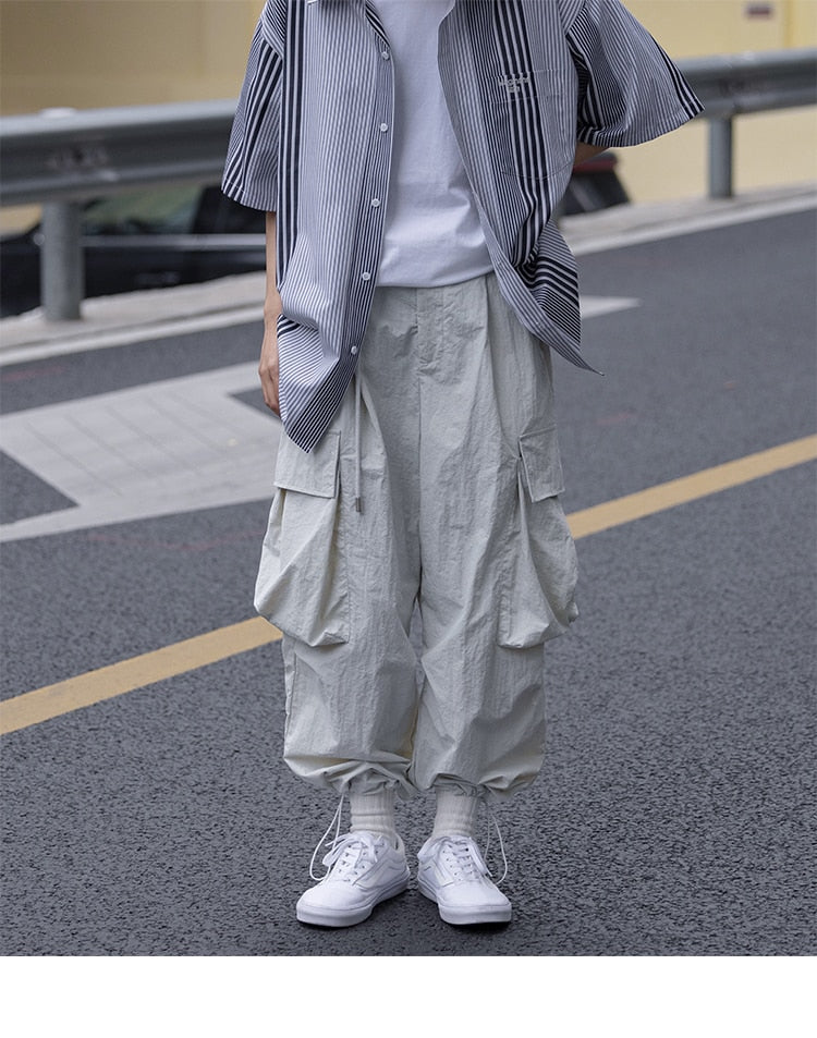 Bonsir Summer Oversized Cargo Pants Men Fashion Pocket Casual Pants Mens Japanese Streetwear Loose Hip Hop Straight Pants Mens Trousers