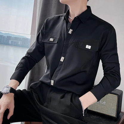 sanyamk Spring Autumn Polo-neck Solid Color Long Sleeve Shirt Male Black Casual Fashion Pants Set Men All-match Cardigan Blouse Trousers