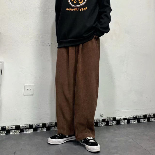 sanyamk Men's Korean Style Retro Trend Sweatpants Corduroy Fabric Solid Color Straight Casual Pants Loose Brown Color Trousers