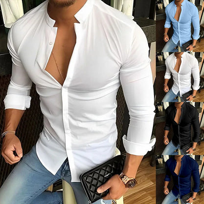 sanyamk Muscle Men's Long Sleeved Shirt Spring Summer Stand Collar Casual Top Fashion Solid Color Sweat-absorbing Breathable Shirts Male