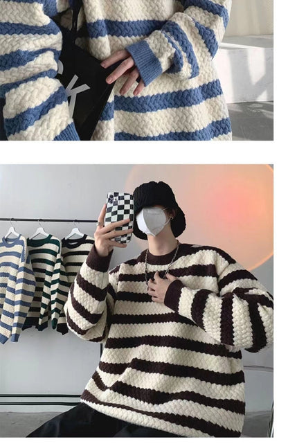 sanyamk Winter Men's Stripe Printing Coats Round Neck Wool Sweater Retro Loose Pullover Fashion Trend Thickened Knitting M-2XL