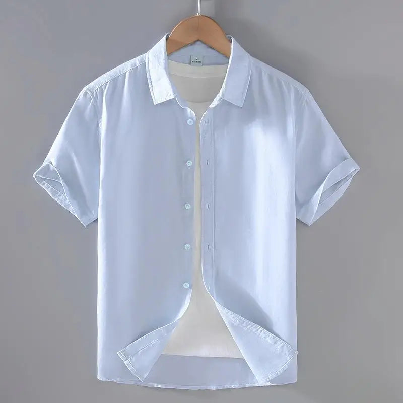 sanyamk Cotton Linen Hot Sale Men's Short-Sleeved Shirts Summer Streetwear Plain Color Stand Collar Casual Beach Style Plus Size M-3XL