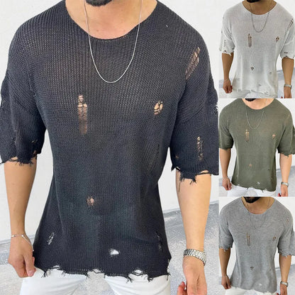 sanyamk 2024 Summer Men Sweater Thin Short Sleeve O-neck Knitted T-shirt Tops Casual Hollow Loose Knit Shirt Pullover Male Streetwear