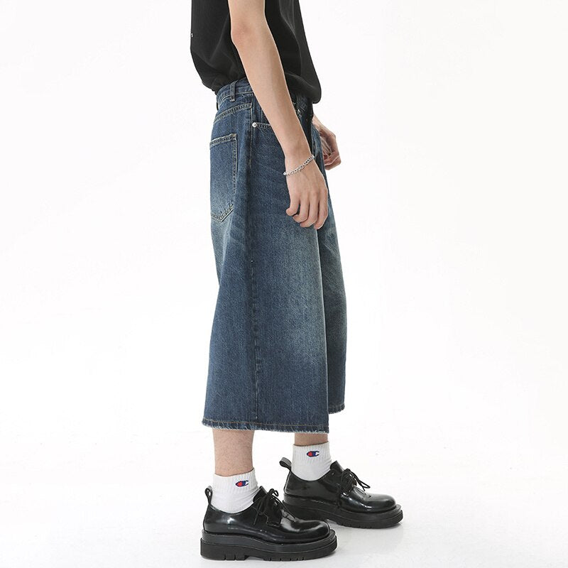 sanyamk Men's Summer New Jeans Korean Style Loose Wide Leg Flare Denim Pants Male Fashion Washed Cropped Trousers Tide