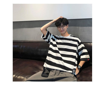 Bonsir New stripe Mens T Shirt Cotton  Summer  Male Oversized Tee Shirts 5XL Big Size Japanese Harajuku street Fashion Clothing