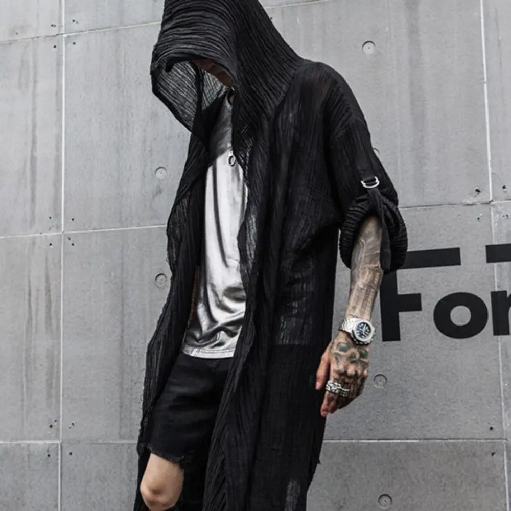 sanyamk Nightclub DJ Singer Punk Rock Hip Hop Long Shirt Black Hooded Cloak Cardigan Men Pleated Woven Cotton Blouse Gothic Vintage