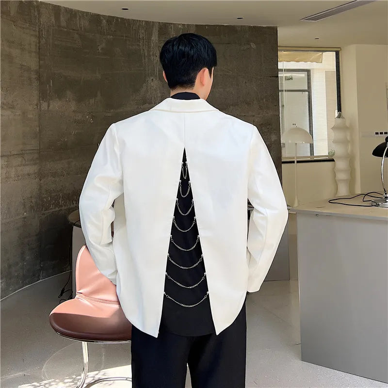 sanyamk Back Split Suit Jacket Men Solid Color Metal Chain Decor Blazer Spring Chic Loose Casual Black Male Handsome Stylish Blazers