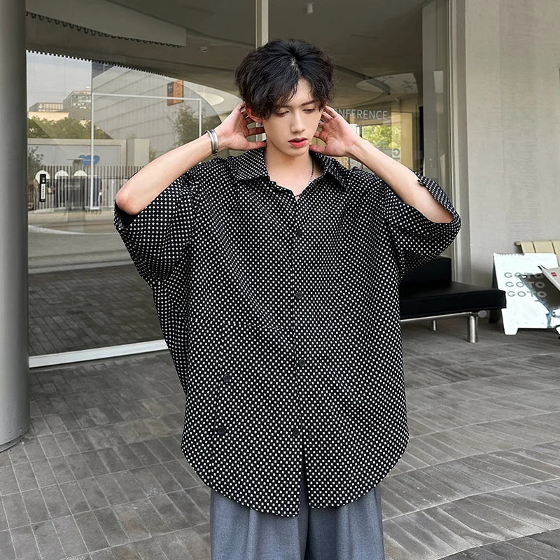 Bonsir Fashion Plaid Batwing Blouse Men 3/4 Sleeves Elegant Shirt Button Decor Women Tops Oversized Casual Streetwear Party Shirts