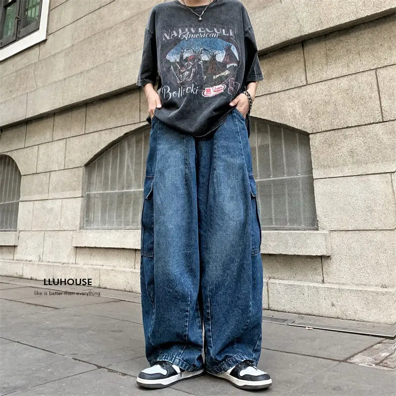 sanyamk Y2k loose Japanese retro workwear jeans with trendy and personalized large pocket design for men and women hip-hop casual pants