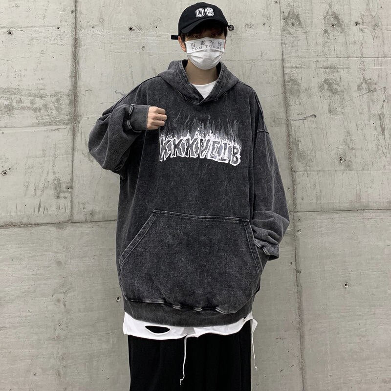 Bonsir Vintage Washing Old Men Hoodies Autumn Winter Letter Printed Male Loose Sweatshirts Streetwear Fashion Unisex Pullovers