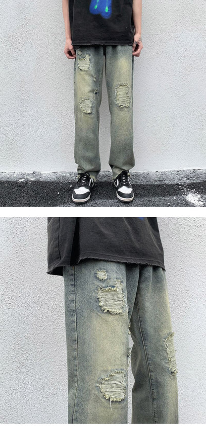 Bonsir Blue green Ripped Vintage Man's Distressed Jeans Streetwear Hole Hip Hop Jean Pants Summer Fashion Straight Denim Trousers