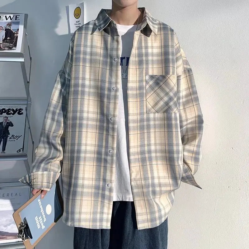 Bonsir Long Sleeve Shirts Men Youthful Vitality Temperament Spring Autumn Plaid Turn-down Collar Trendy Japanese Style Teenagers Chic