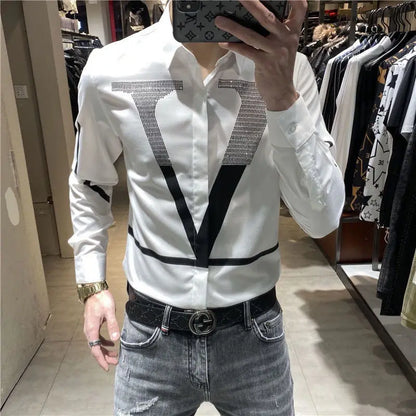 sanyamk Spring Autumn Personality Diamonds Letter Printing Shirt Hombre Long Sleeve Casual Fashion All-match Bottoming Blouse Men Top