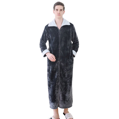 Bonsir Autumn Winter Flannel Zipper Robes for Women Couples Night Dress Fashion Warm Big Lapels Kimono Lengthen Thicken Dressing Gown