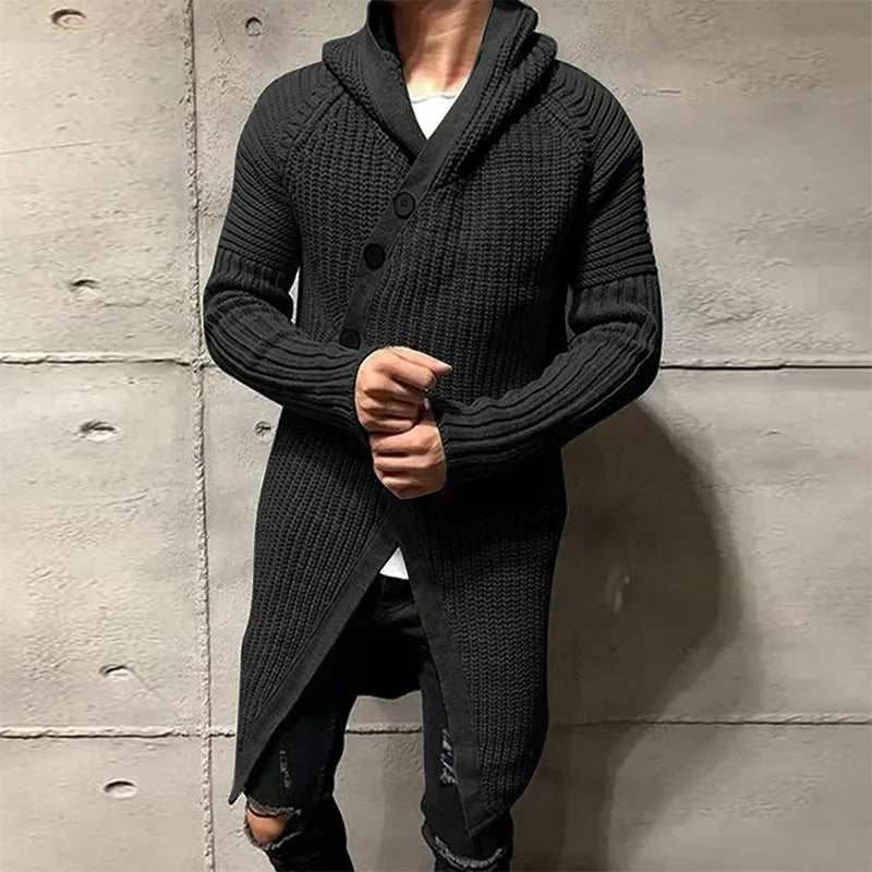 Bonsir Men Button-up Long Sweater Overcoat Mens Winter Fall Long Sleeve Knit Hooded Cardigans Coat Fashion Solid Long Knitted Jackets