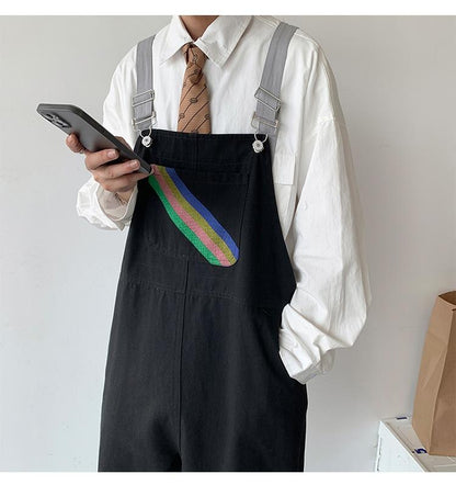 sanyamk Men Suspenders Jumpsuits Oversized Rainbow Printing Overalls Summer Straight Casual Pants Vintage Splicing Trousers Male Clothes