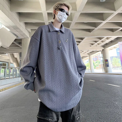 sanyamk  -   American Style Men's T-shirts Loose Metal Pattern Design Turn-down Collar Long Sleeve Casual Male Tees Strylish 9C6599