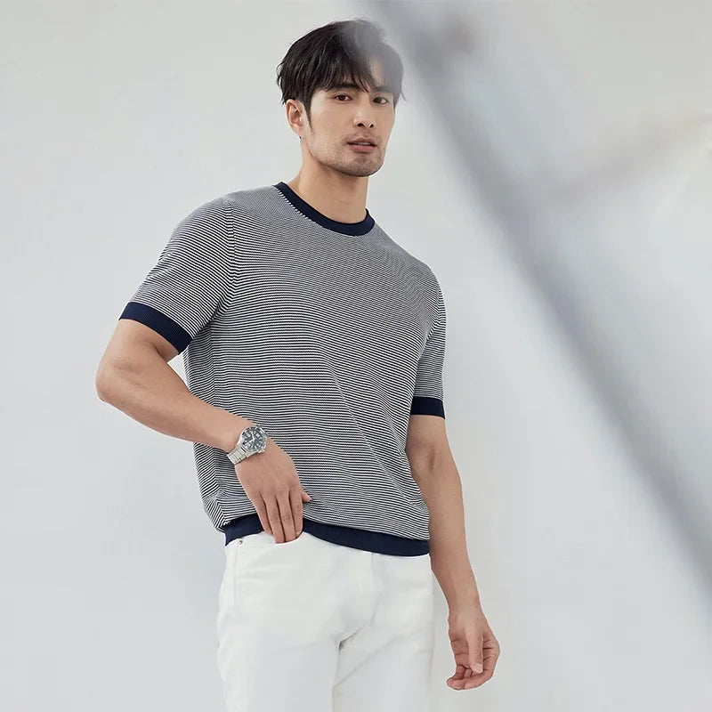 sanyamk  -  Men's Short Sleeve T-shirts Casual Knitting Striped Tops All-match Solid Color Pullover Soft Slim Fit Breathable T Shirt C104