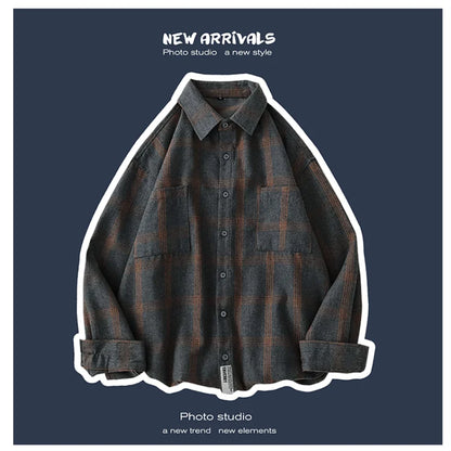 sanyamk New Men's Clothing Shirt Long Sleeve Square Collar Spring Autumn Loose Fashion Casual Plaid All-match Button Tops