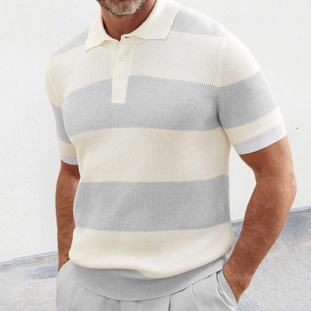 sanyamk Striped Contrast Color Knitted Polo Shirt Summer New Business Fashion Elegant Slim Lapel Casual Short-sleeved Top Men's Wear