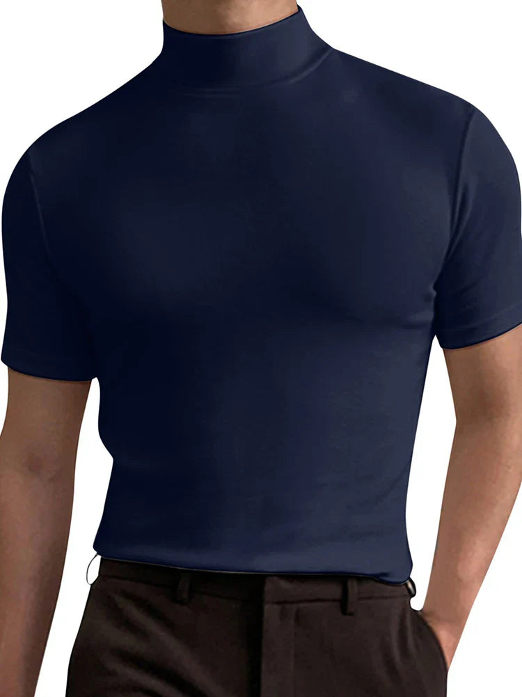 sanyamk Spring And Summer Turtleneck Male Tees Streetwear Solid Short Sleeve Pullovers Tops Casual Basic Slim Men T-Shirts 2023 Clothes