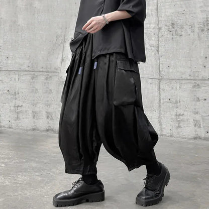 Bonsir Mens Casual Big Pocket Cargo Pants Genderless 2024 New Fashion Sports Dark Style Drawstring Loose Simple Streetwear Unisex