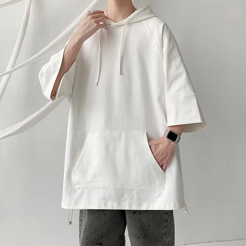 Bonsir Solid Color Hooded T shirt Men Summer Korean Short Sleeve Pullover Loose Casual T-shirt Streetwear Drawstring Tops Men Clothing