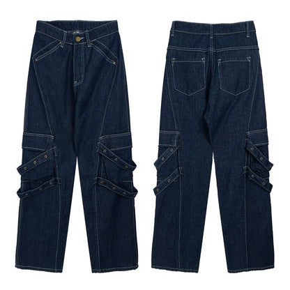 Bonsir Harajuku Solid Color Multi-pockets Jeans Pants Men and Women Straight Cargo Pants Washed Streetwear Baggy Casual Denim Trousers