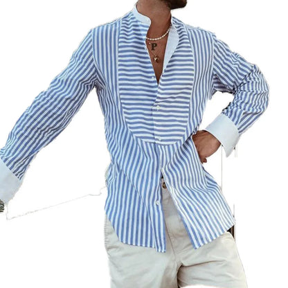 sanyamk Mens Loose Shirts Irregular Stripe Stitching Long Sleeve Stand Collar  Leisure Shirt Spring Casual Cardigan Tops Men Clothing